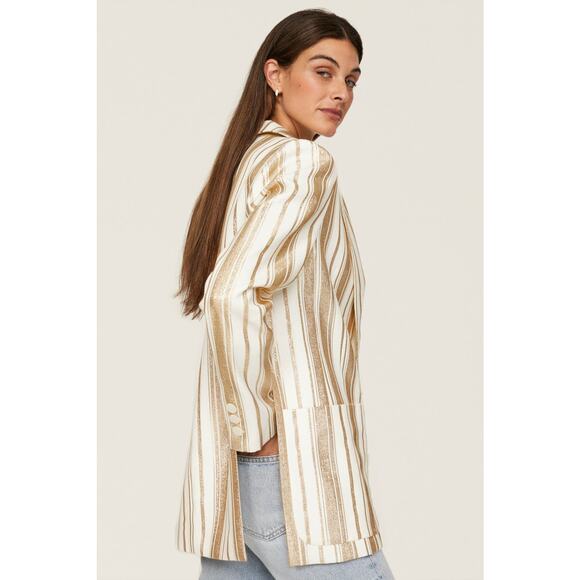 7 for All Mankind Shine Blazer Ivory Gold Stripe Button Front Double Breast Sz L - Picture 2 of 16